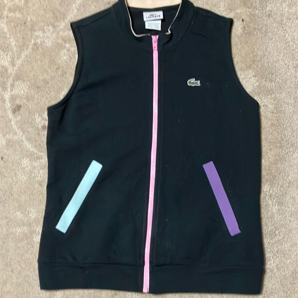Lacoste Black Vest with Pink Zipper and Colorful pocket trim Women Medium